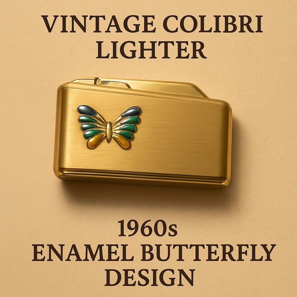 Vintage Colibri Gold Lighter with Enamel Butterfly – 1960s Brushed Brass Finish